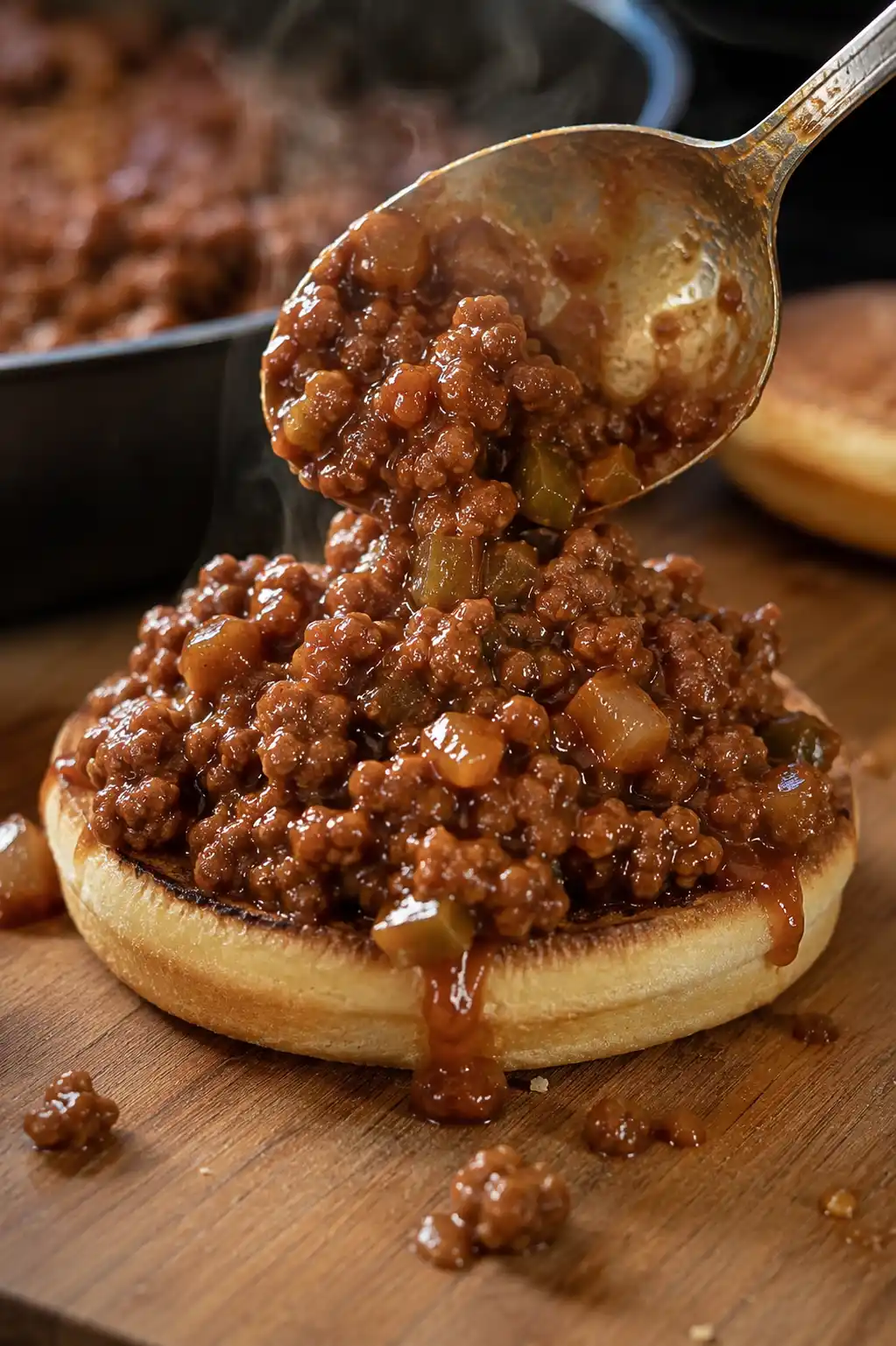Spoon scooping saucy sloppy joe filling onto a toasted hamburger bun