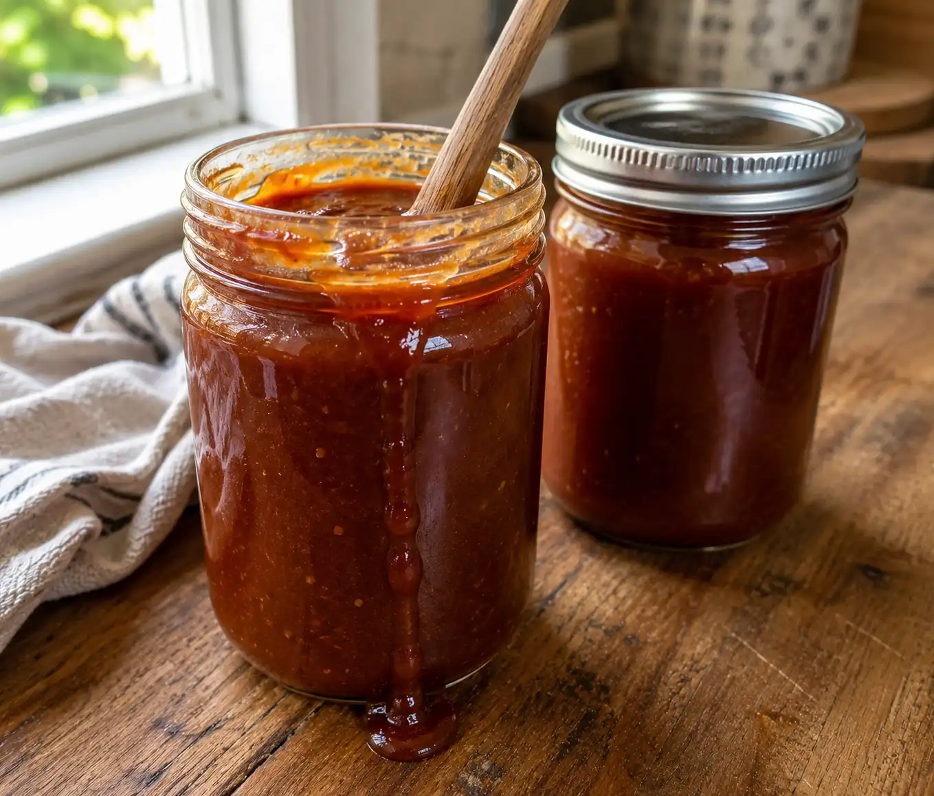 Two glass jars filled with glossy homemade barbecue sauce with a wooden spoon Homemade BBQ Sauce Recipe