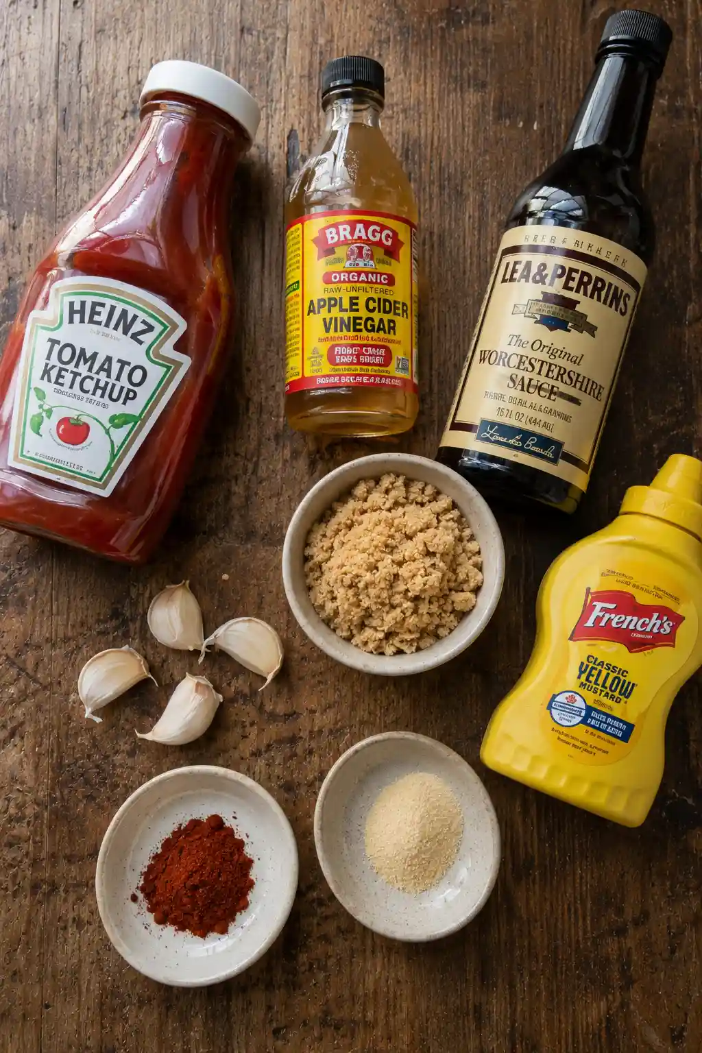 Ingredients for homemade BBQ sauce including ketchup, vinegar, brown sugar, and spices