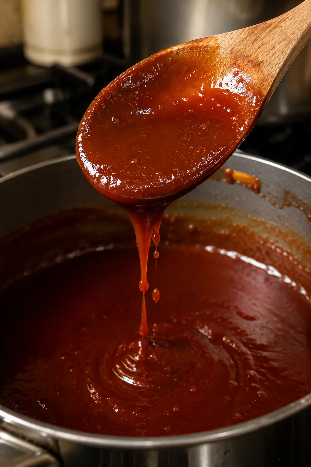 Barbecue sauce ingredients simmering together in a saucepan on the stovetop