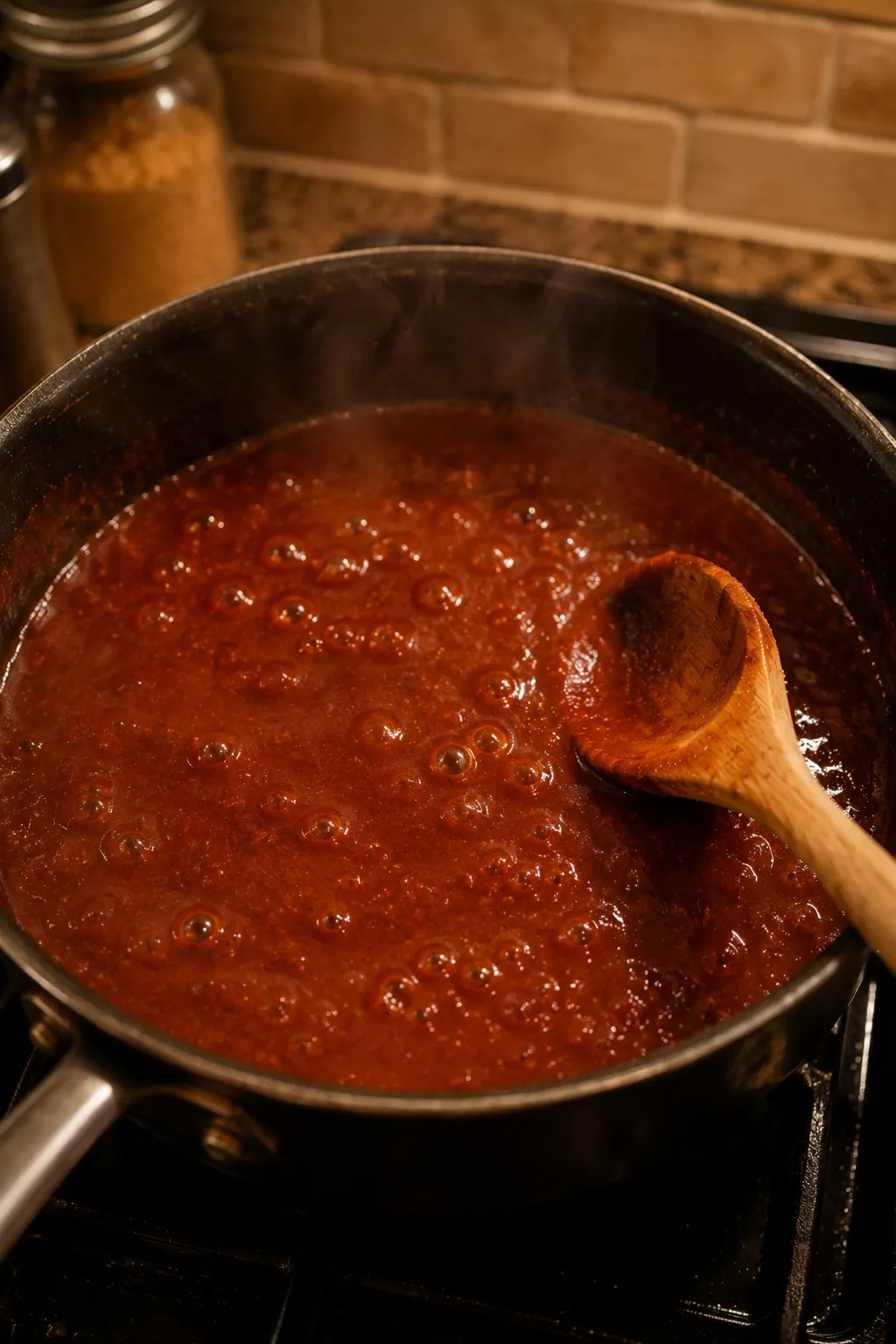 Wooden spoon lifting thick glossy barbecue sauce out of a saucepan