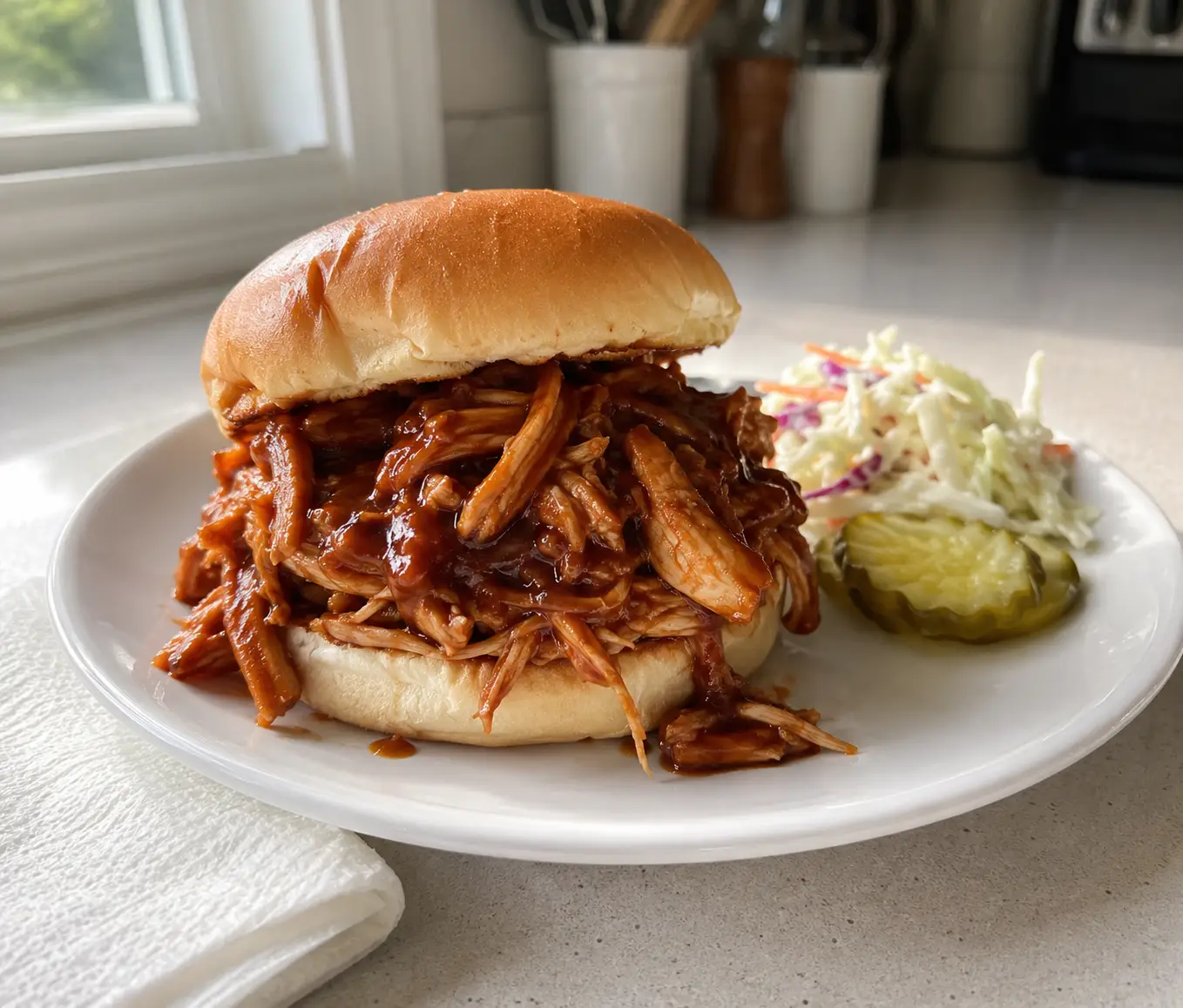Slow Cooker BBQ Chicken piled onto a bun served with coleslaw and pickle chips