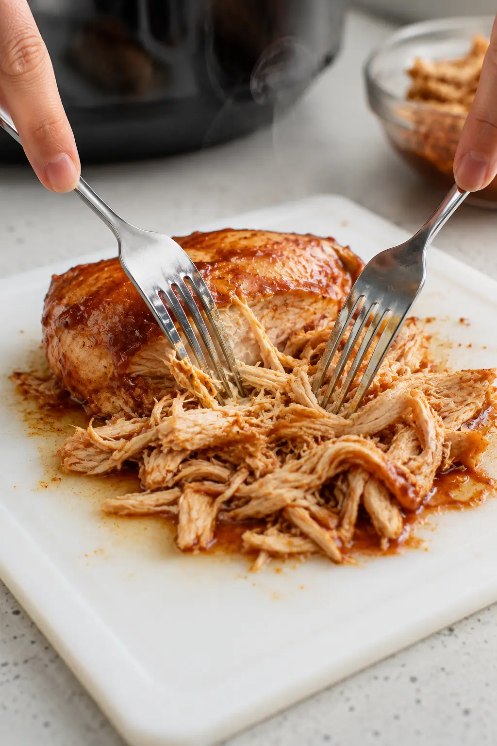 Two forks shredding a cooked chicken breast on a cutting board