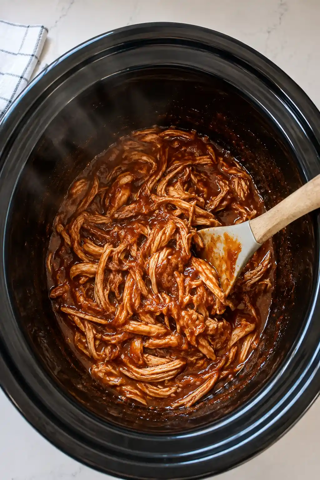 Shredded chicken being stirred back into glossy barbecue sauce in a slow cooker