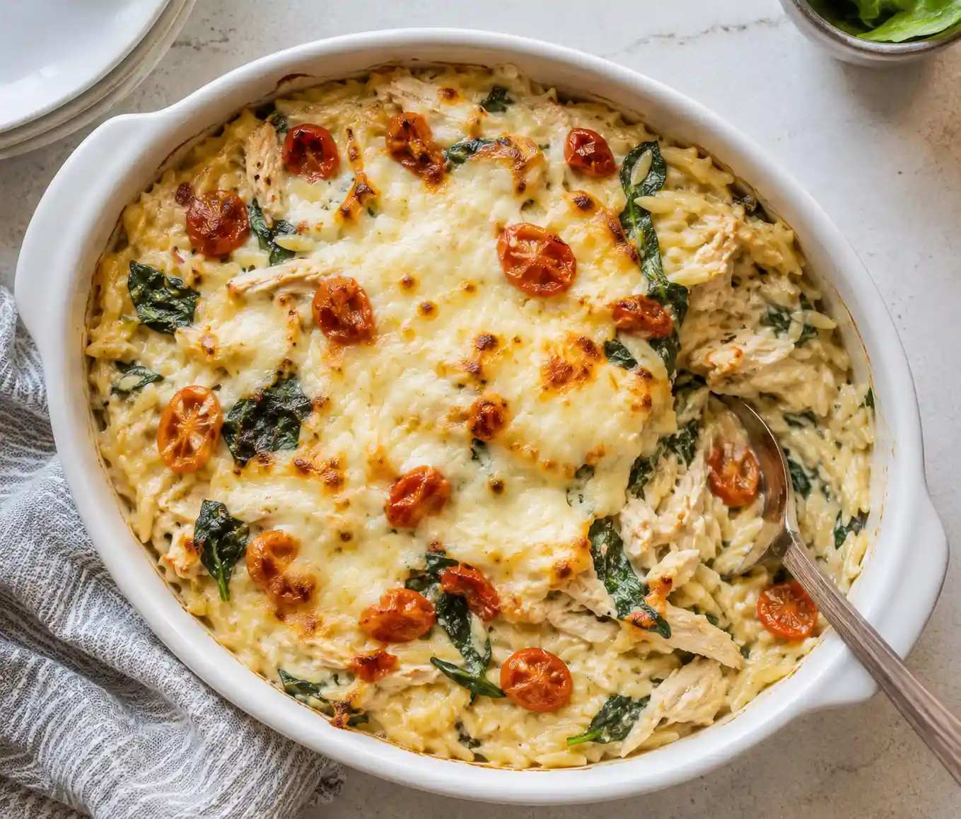 Creamy chicken orzo bake in a white casserole dish with golden melted cheese, tomatoes, and spinach