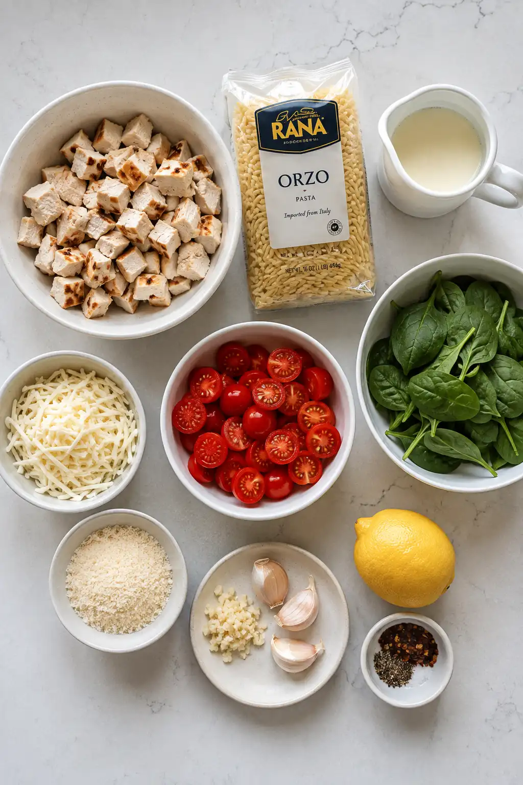 Ingredients for chicken orzo bake including chicken, orzo, tomatoes, spinach, and cheese