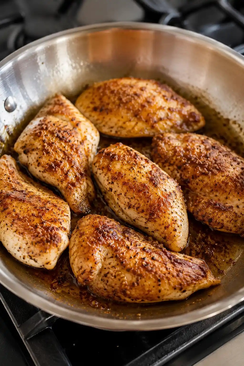 Seasoned chicken breast pieces searing golden brown in a skillet