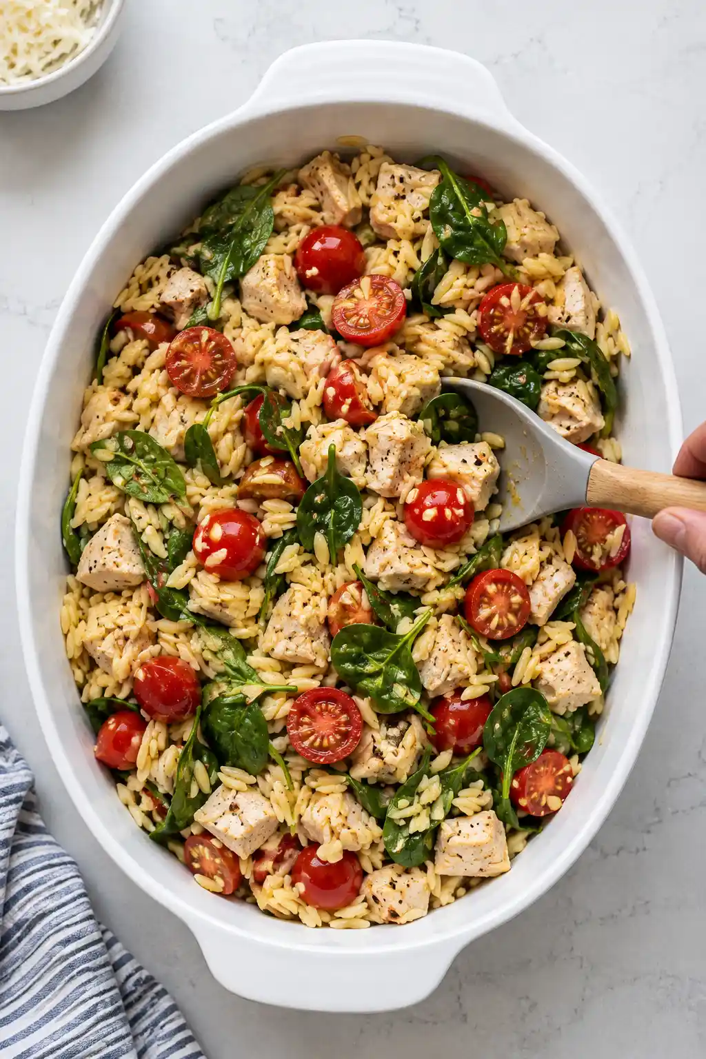 Uncooked orzo, chicken, tomatoes, and spinach being stirred together in a casserole dish