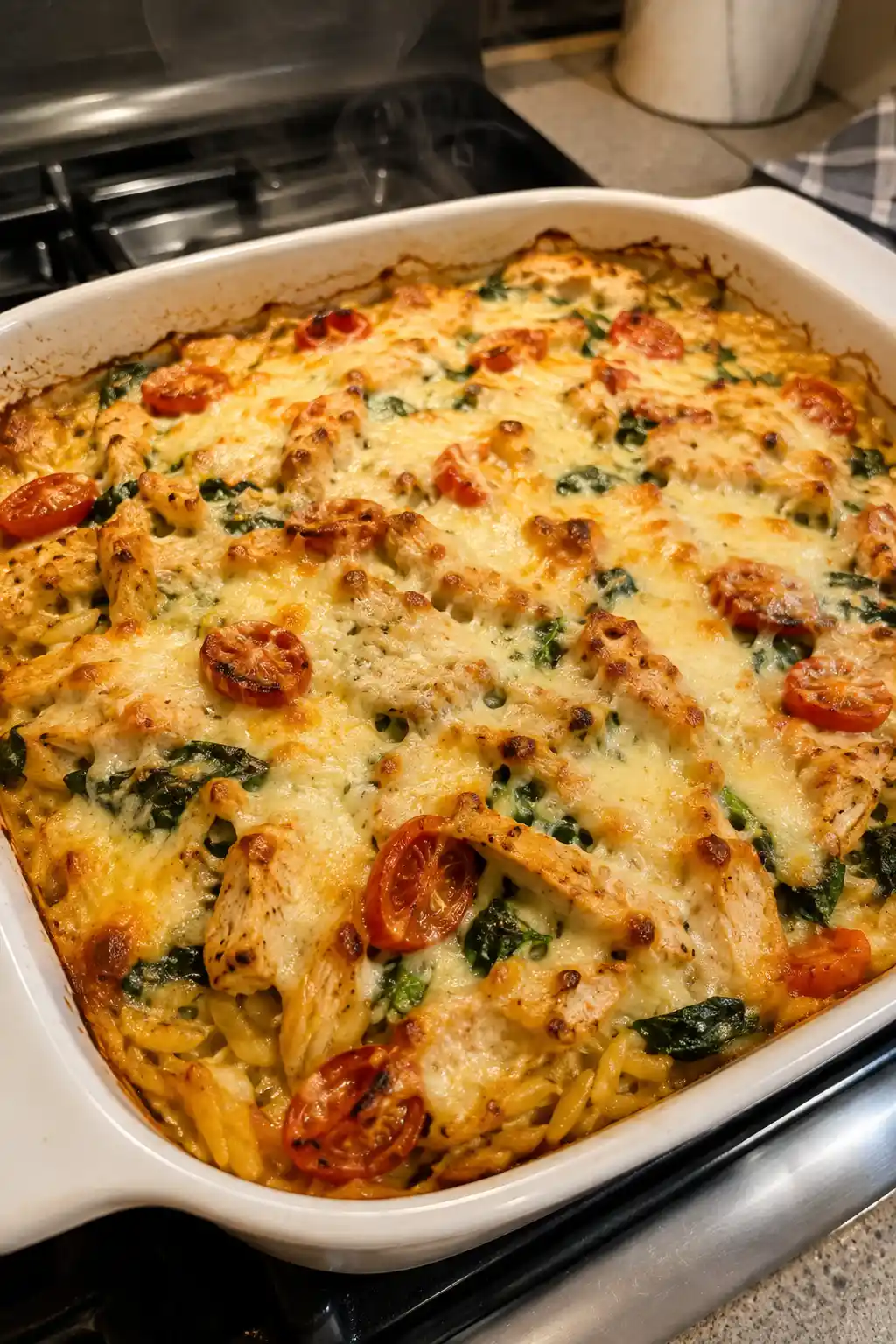 Chicken orzo bake fresh out of the oven with golden bubbly melted cheese