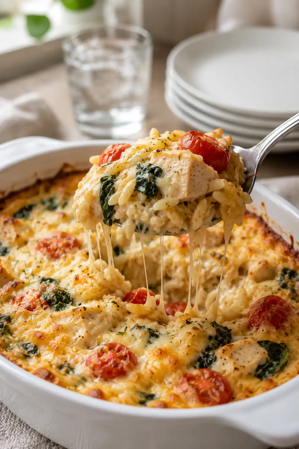 Wooden spoon serving a scoop of creamy chicken orzo bake from a casserole dish