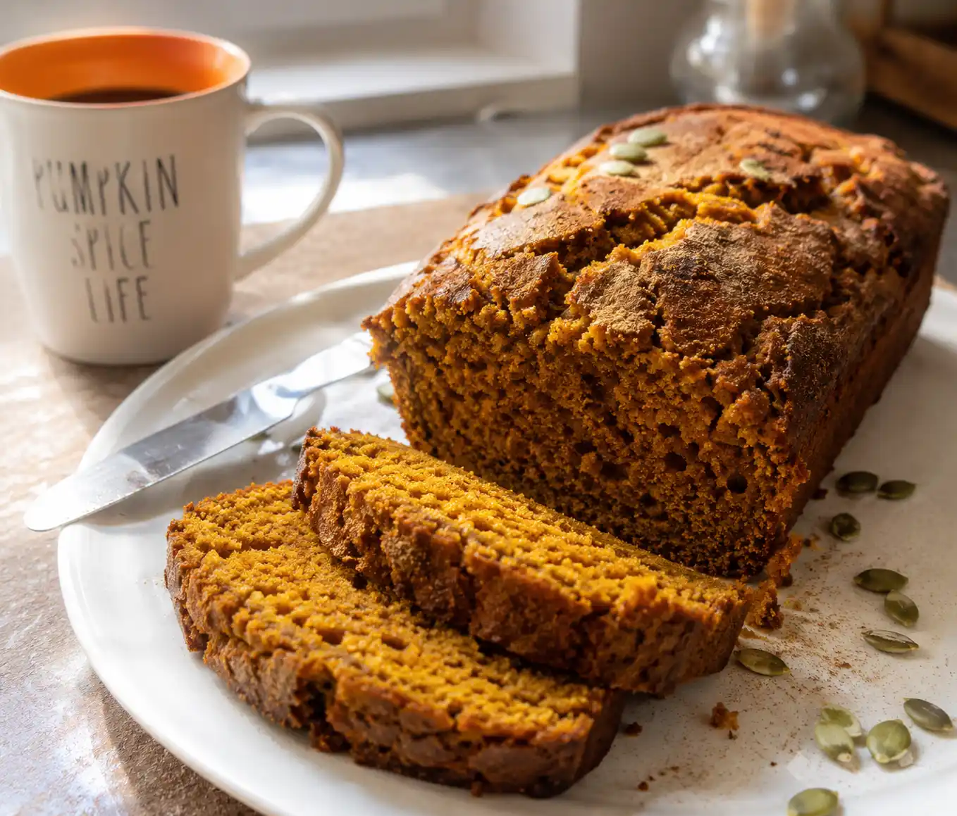 Sliced Pumpkin Loaf Recipe with moist orange crumb dusted with cinnamon