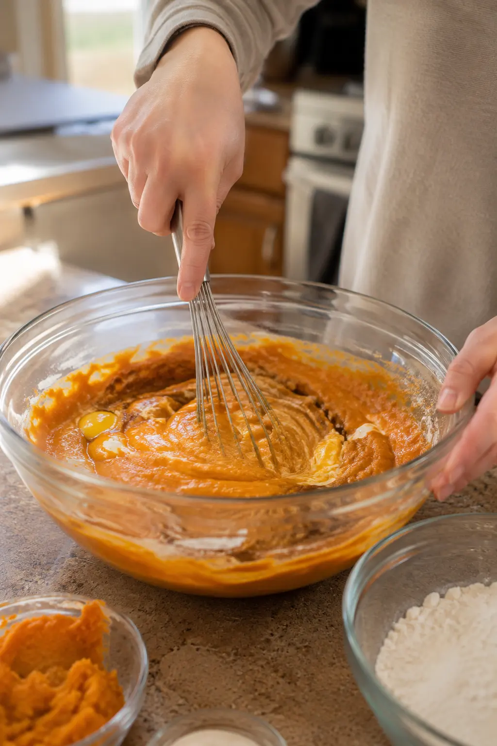 Hands whisking pumpkin puree, sugar, oil, and eggs into smooth batter