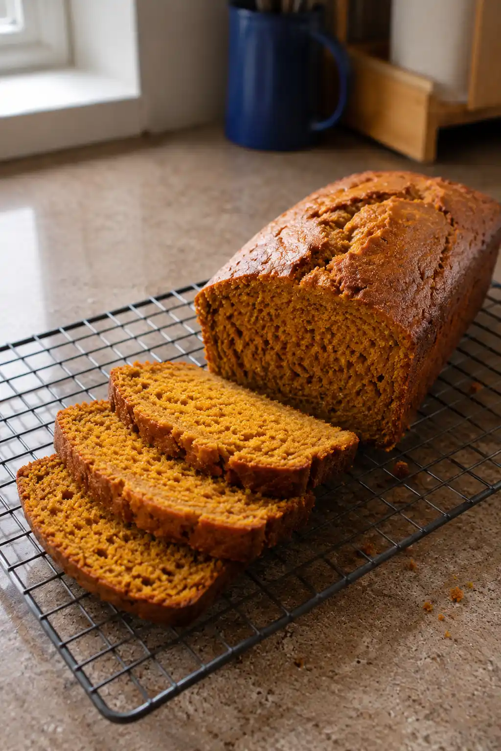 Sliced pumpkin loaf on a wire cooling rack showing moist orange crumb