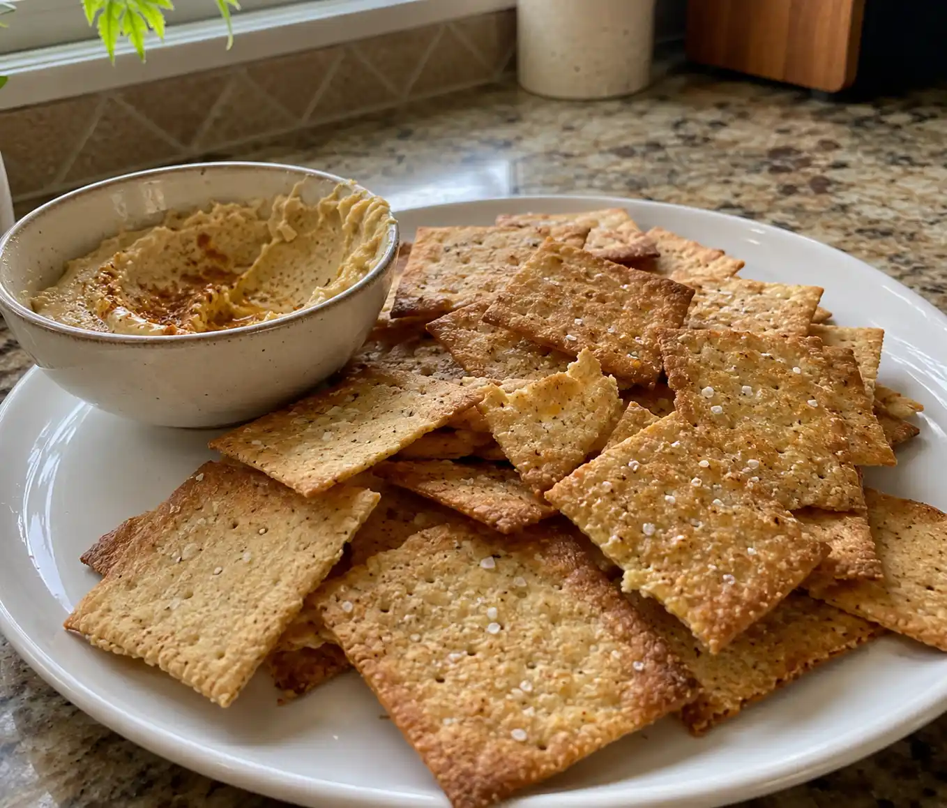 Crisp golden sourdough discard crackers stacked with a dusting of flaky salt