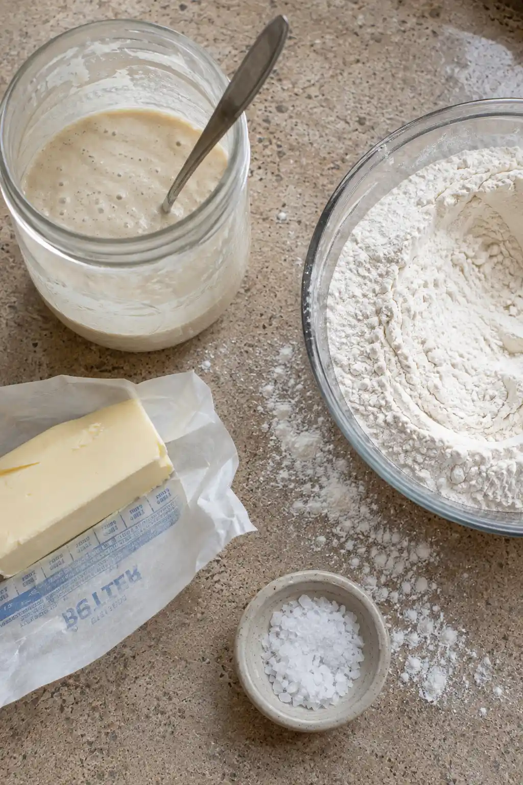 Ingredients for sourdough discard crackers including starter discard, flour, and butter