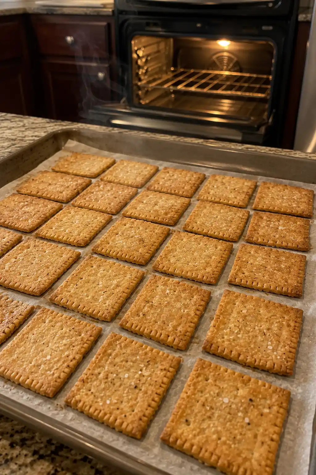 Golden brown sourdough crackers fresh out of the oven with crisp edges