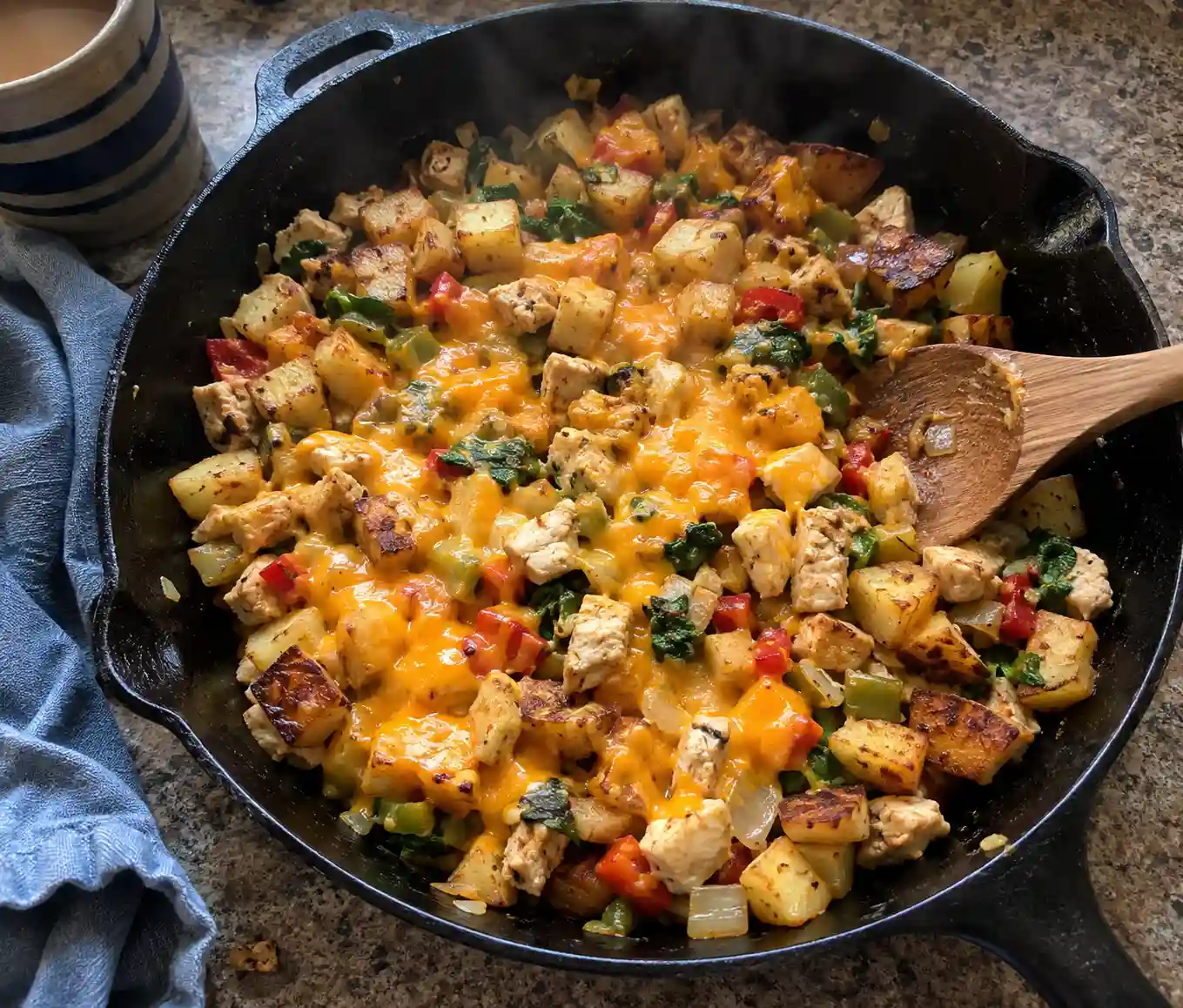 Loaded Loaded Chicken Hash Skillet in a cast iron skillet with crispy potatoes, vegetables, and melted cheese