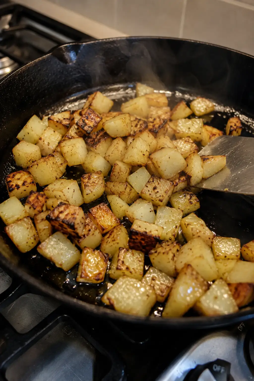 Diced potatoes crisping golden brown in a cast iron skillet