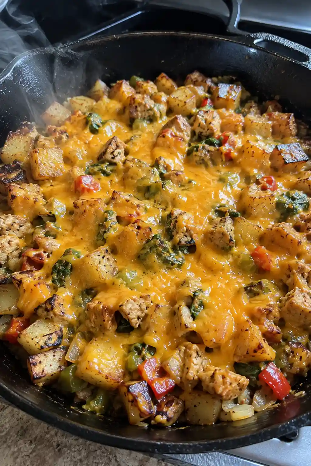 Melted cheese covering a skillet of chicken hash, gooey and golden