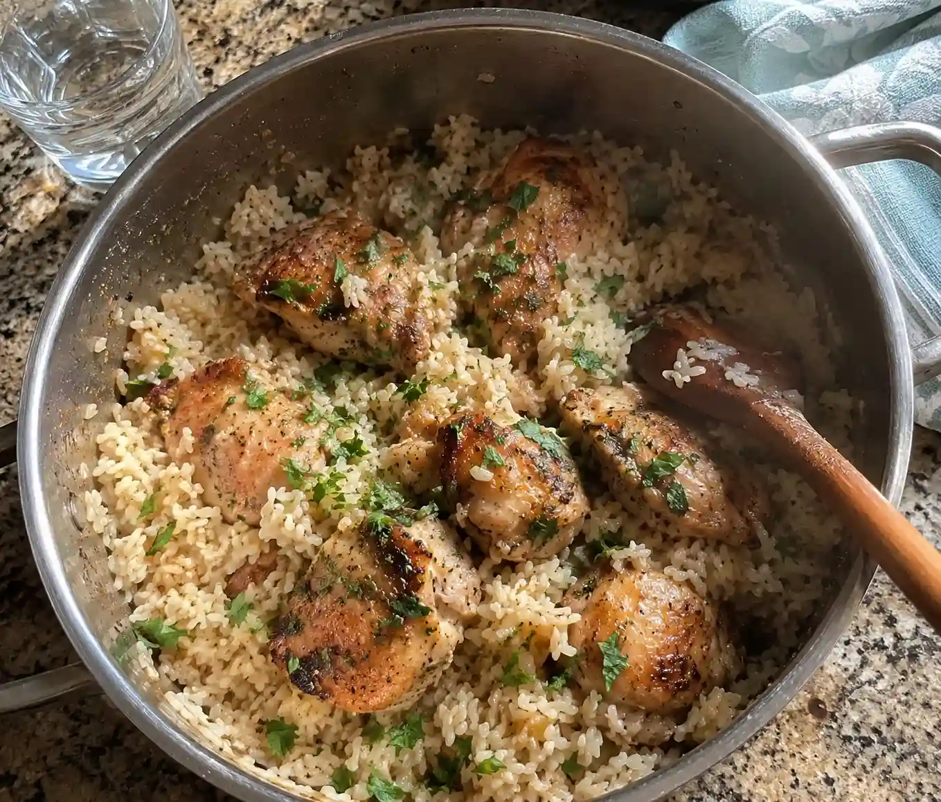 one-pot chicken and rice with tender golden chicken pieces and fluffy seasoned rice