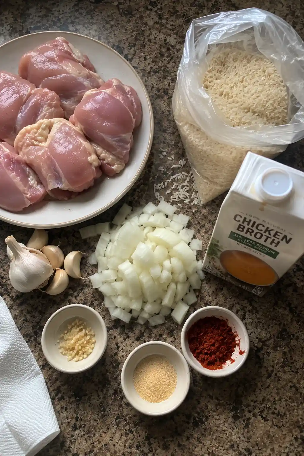 Ingredients for chicken and rice including chicken thighs, rice, onion, and chicken broth