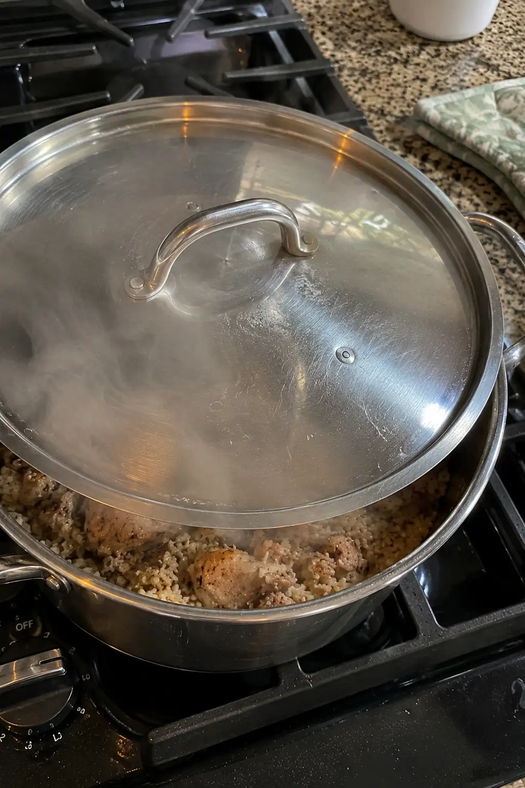 Covered pot of chicken and rice simmering on the stovetop with steam escaping