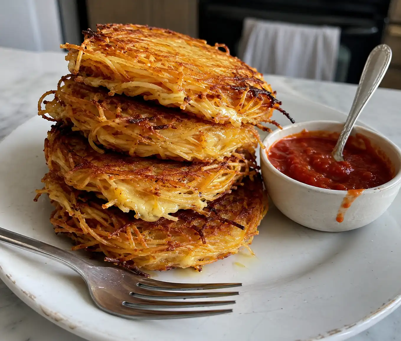 Golden crispy Leftover Spaghetti Cakes stacked on a plate with marinara sauce for dipping