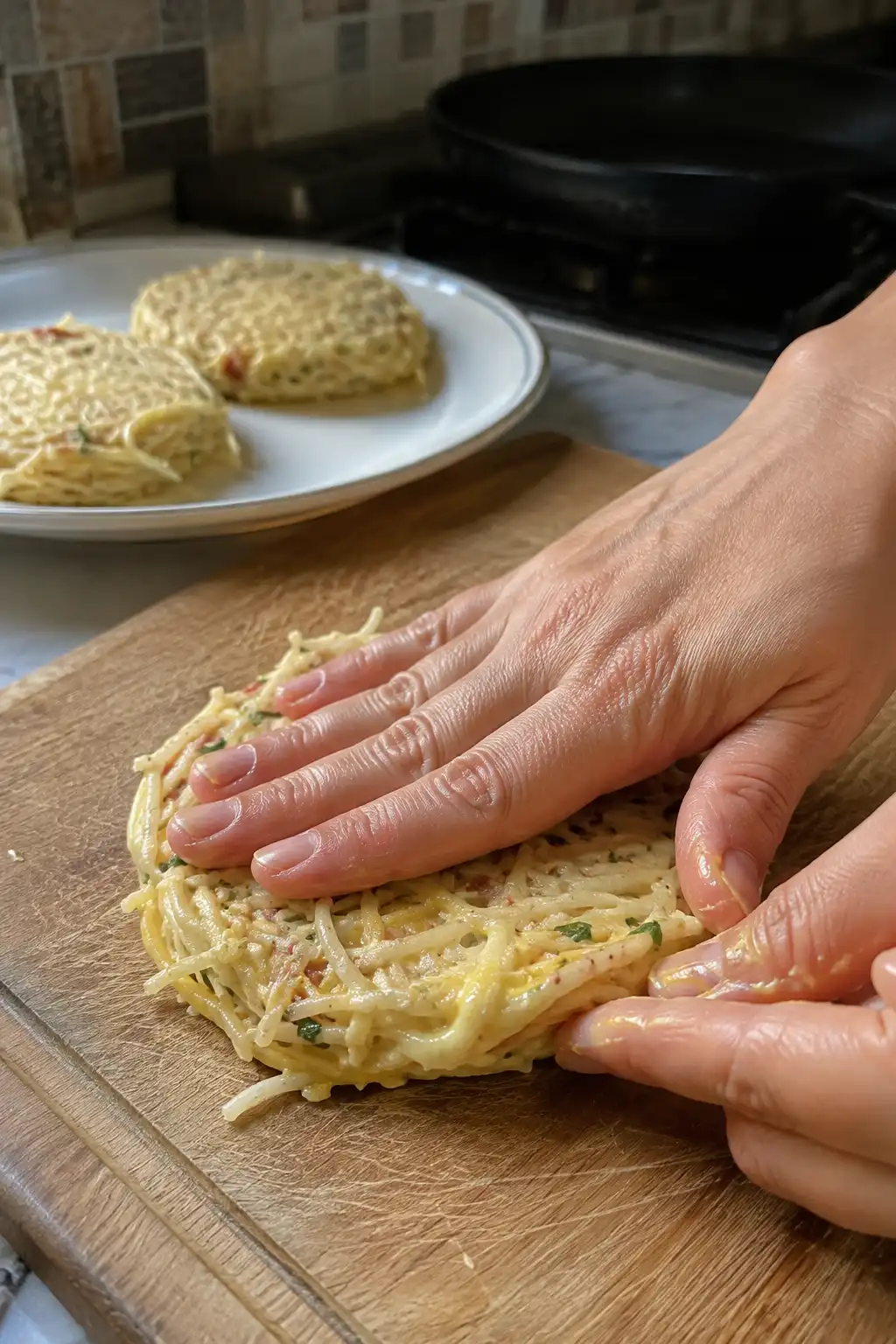 Hands shaping cold spaghetti mixture into a flat round patty