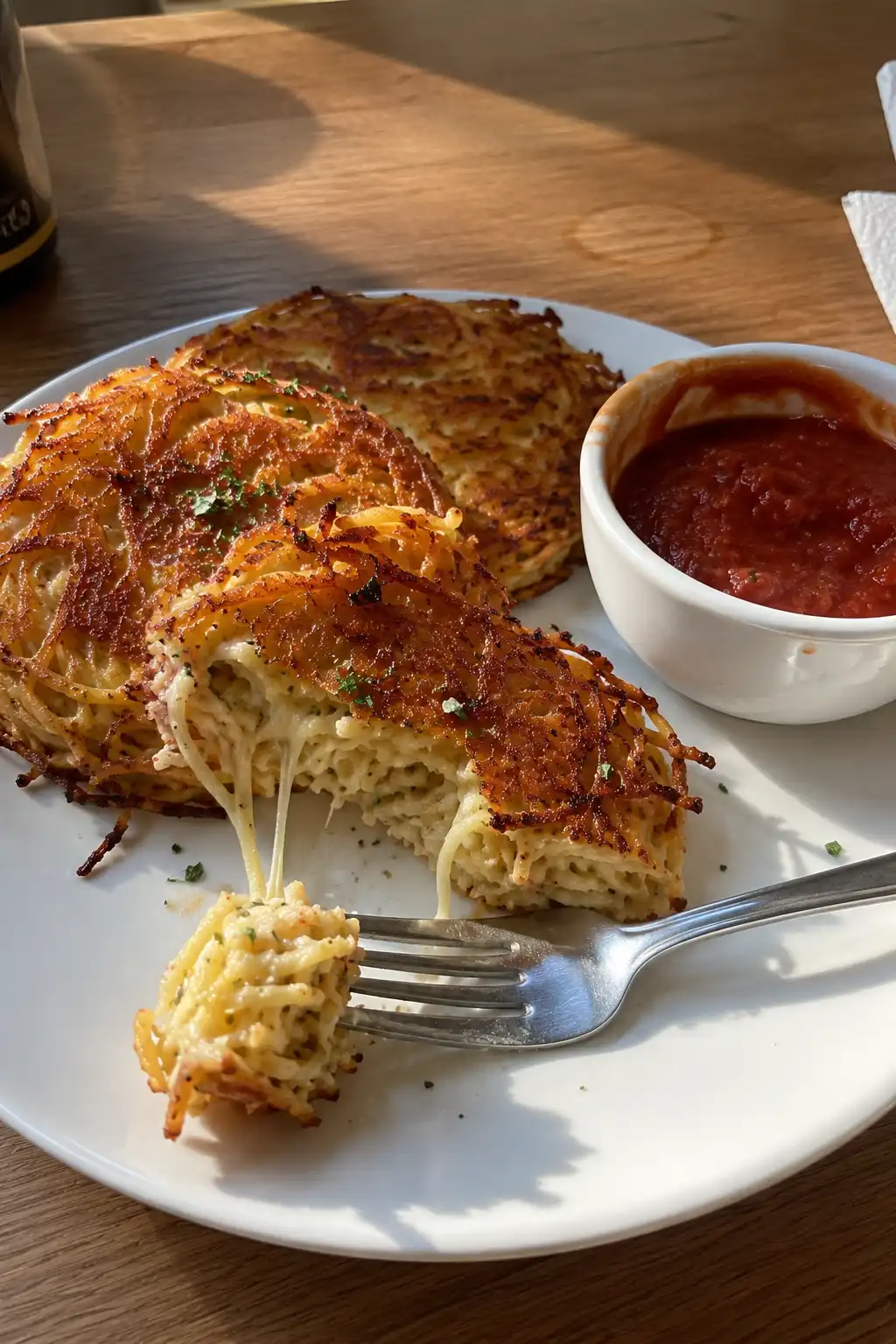 Crispy spaghetti cakes served with a bowl of marinara sauce
