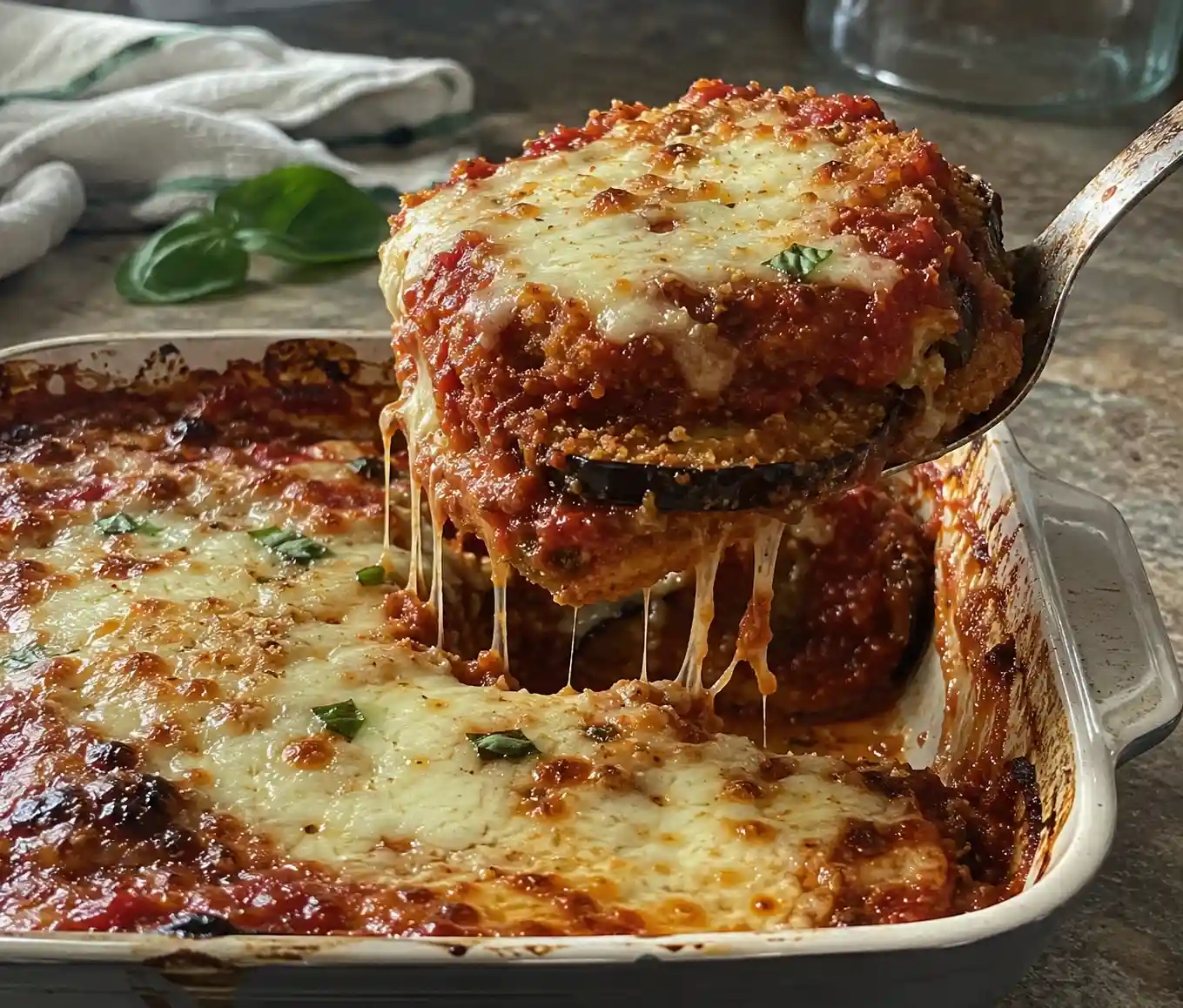 Slice of Eggplant Parmesan Recipe being lifted showing layers of eggplant, sauce, and melted cheese