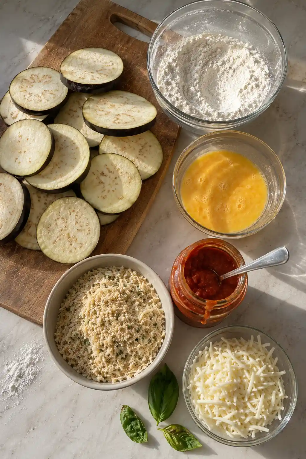 Ingredients for eggplant parmesan including eggplant, breadcrumbs, marinara sauce, and cheese