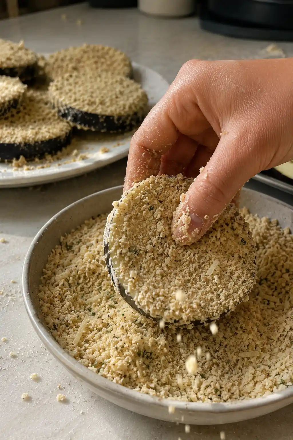 Hand dipping a breaded eggplant slice into seasoned breadcrumbs