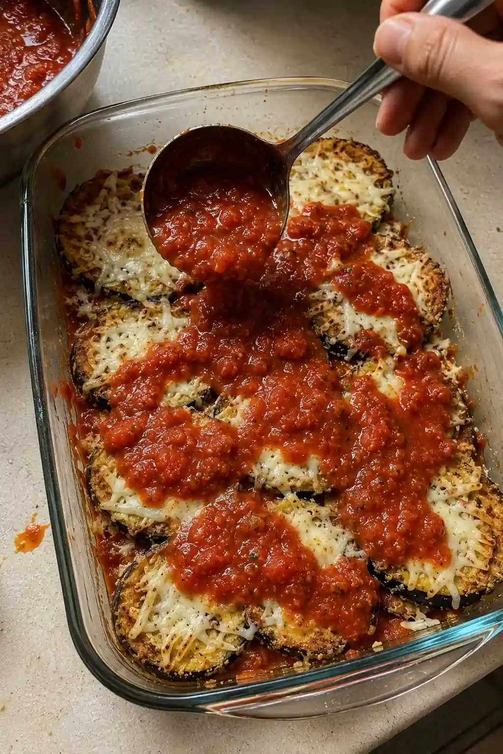 Layers of breaded eggplant, marinara sauce, and cheese being assembled in a baking dish