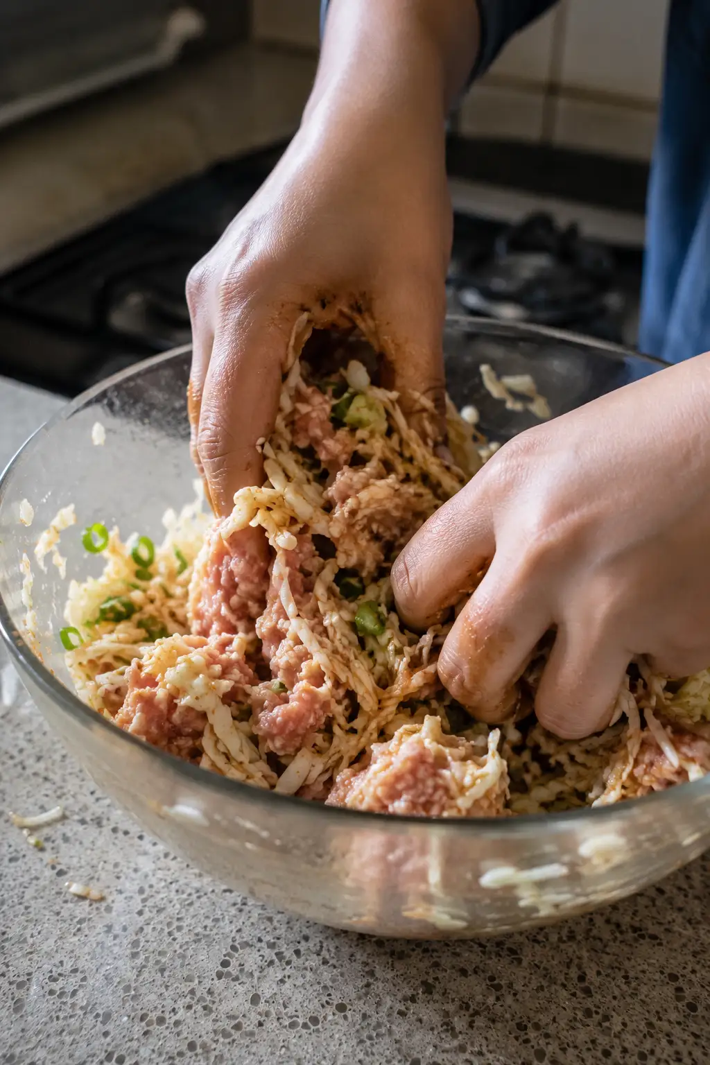 Hands mixing shredded cabbage with ground pork and seasonings for dumpling filling