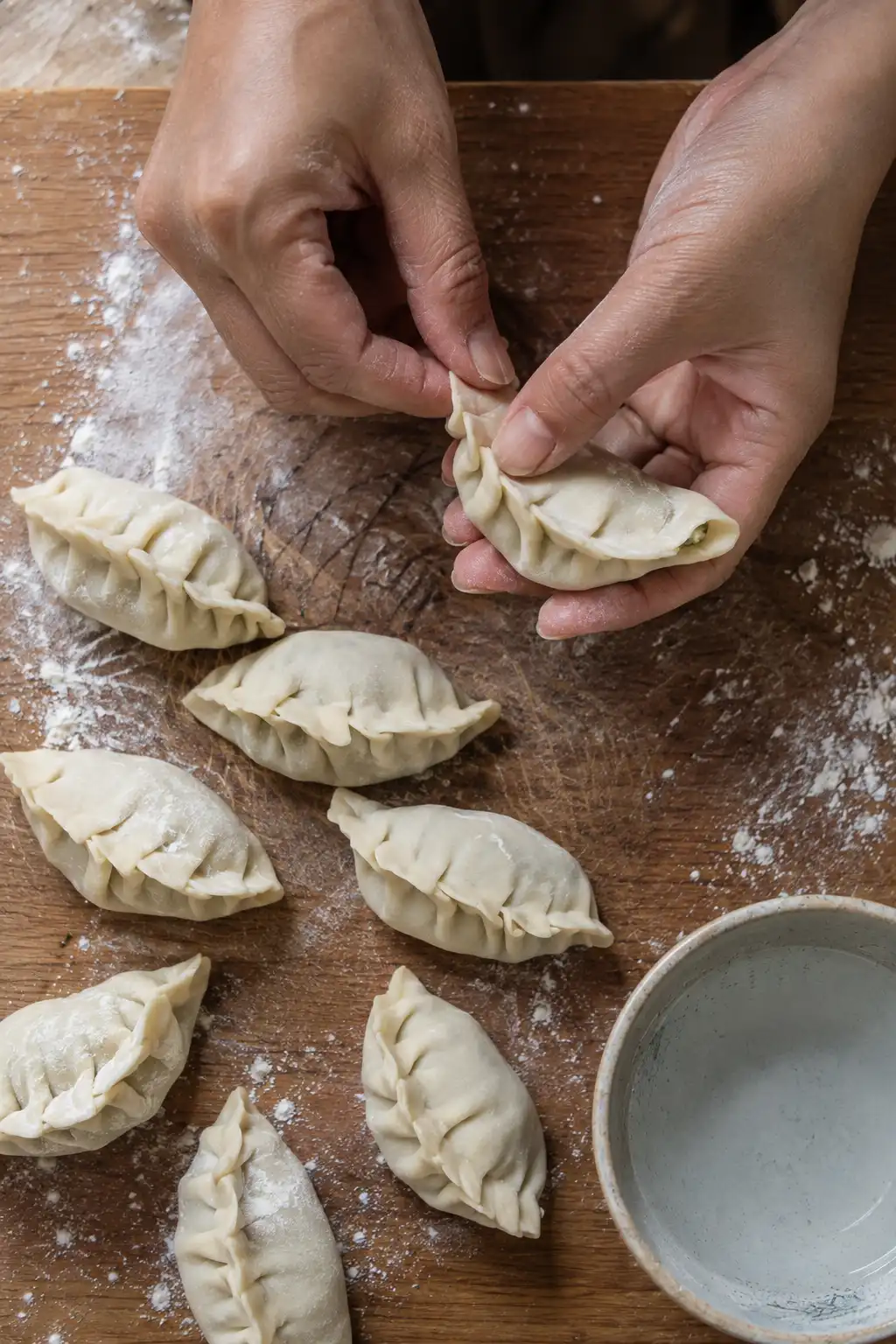 Hands folding and pleating a cabbage dumpling on a wooden board
