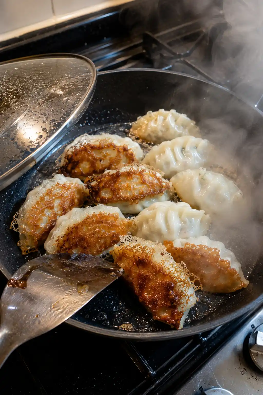 Cabbage dumplings pan searing with golden crispy bottoms