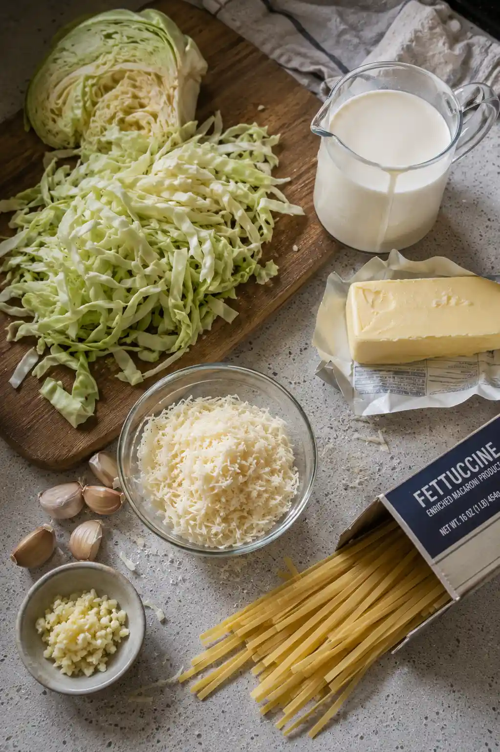 Ingredients for cabbage alfredo including sliced cabbage, cream, parmesan, and fettuccine
