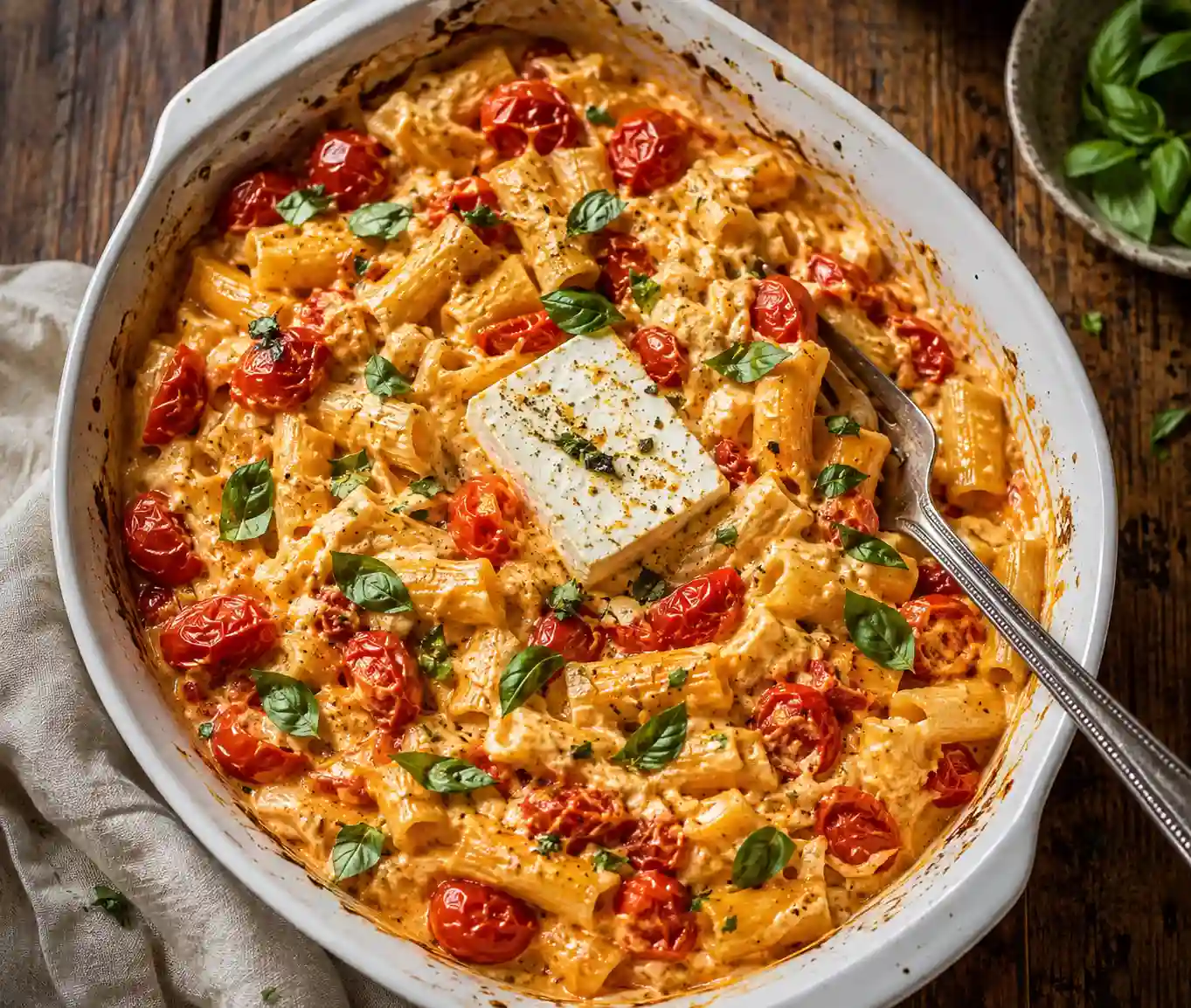 Creamy baked feta pasta with roasted cherry tomatoes and fresh basil in a white baking dish