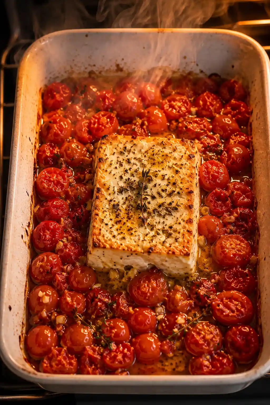 Baking dish of golden baked feta cheese surrounded by burst roasted cherry tomatoes