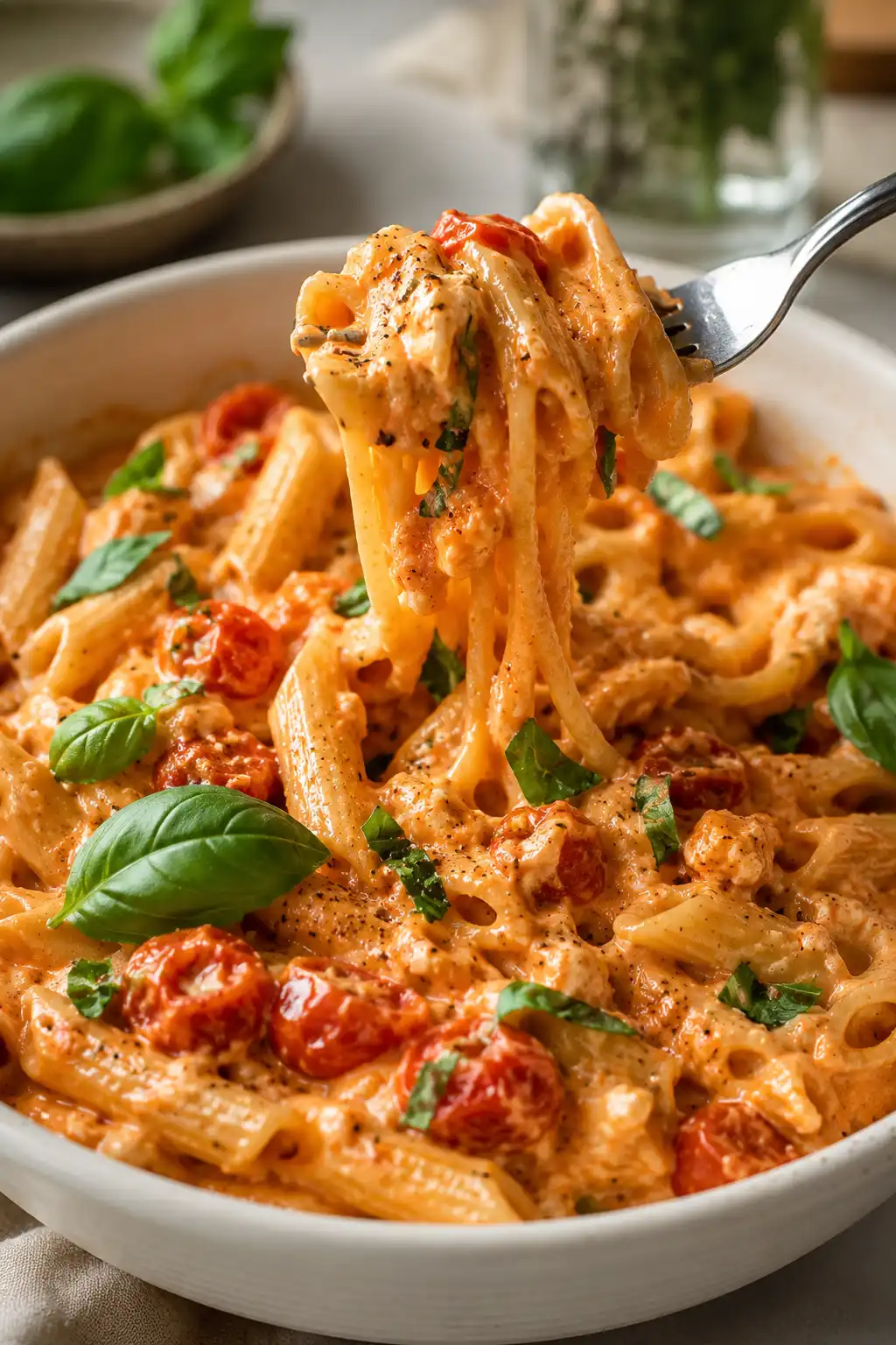 Fork mashing baked feta cheese and roasted tomatoes together into a creamy pasta sauce