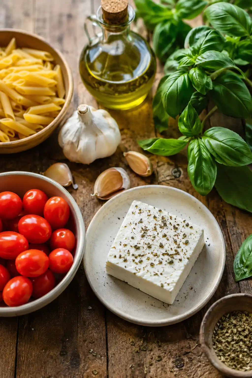Ingredients for baked feta pasta including feta block, cherry tomatoes, pasta, garlic, and basil