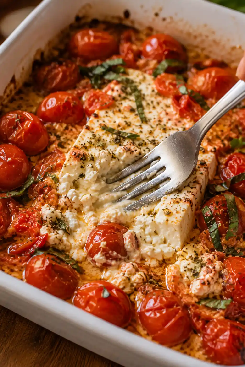 Fork twirling creamy baked feta pasta coated in tomato feta sauce with fresh basil garnish
