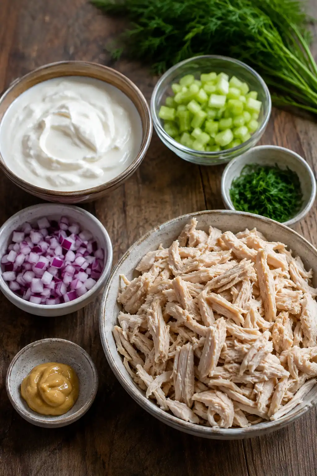 ngredients for Greek yogurt chicken salad including shredded chicken, yogurt, celery, and Dijon mustard