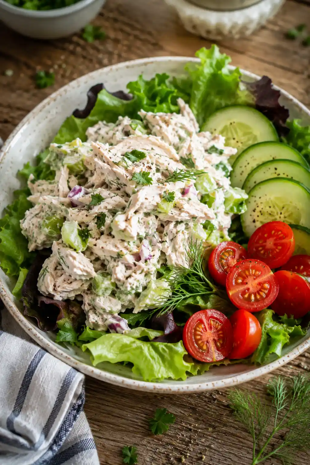 Greek yogurt chicken salad served over fresh greens with cherry tomatoes and cucumber slices