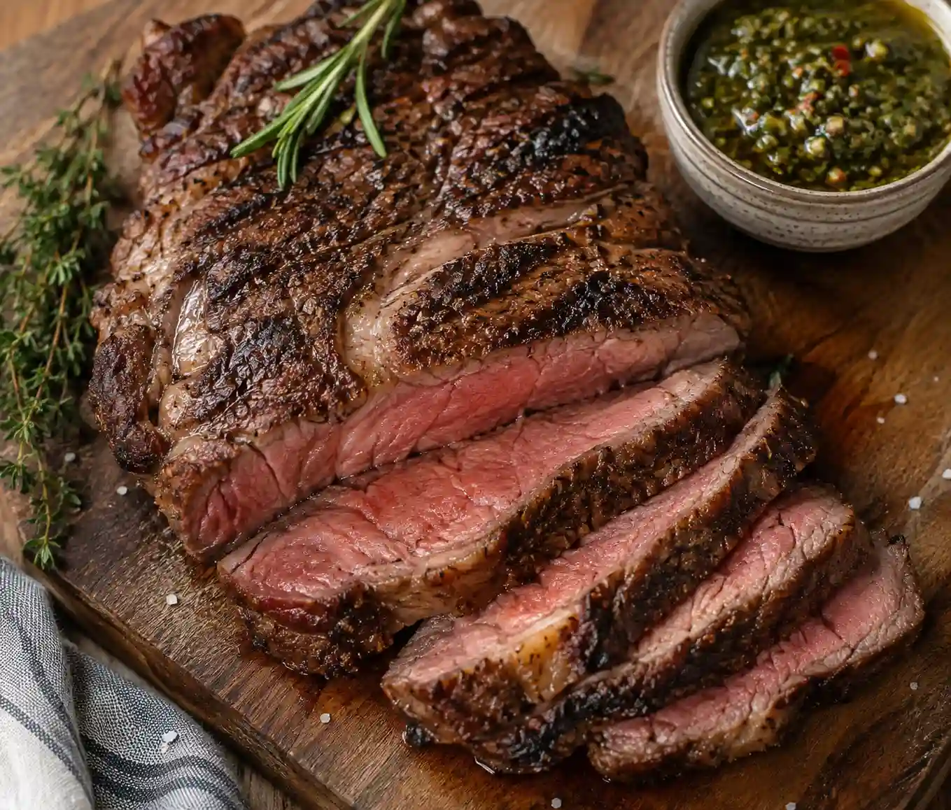 Grilled ribeye steak sliced open to reveal a juicy pink medium rare center, garnished with rosemary. Grilled Steak Recipe