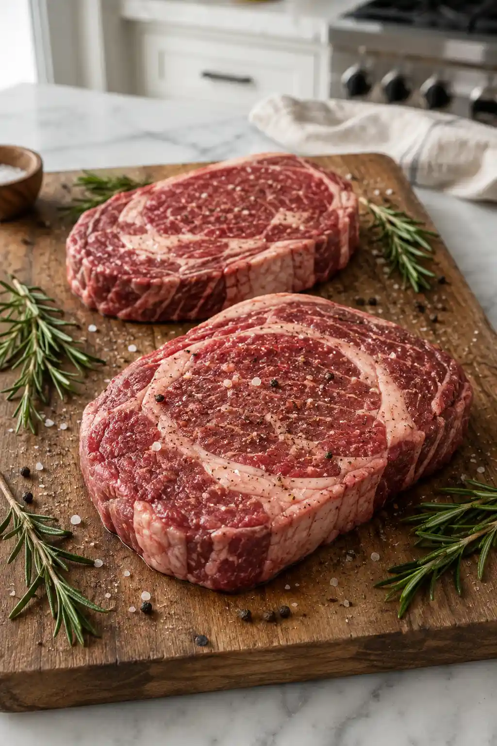 aw thick cut ribeye steaks seasoned with salt, pepper, and fresh rosemary on a cutting board