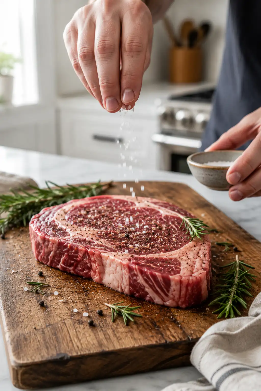 Hands seasoning a thick ribeye steak with salt, pepper, and fresh rosemary