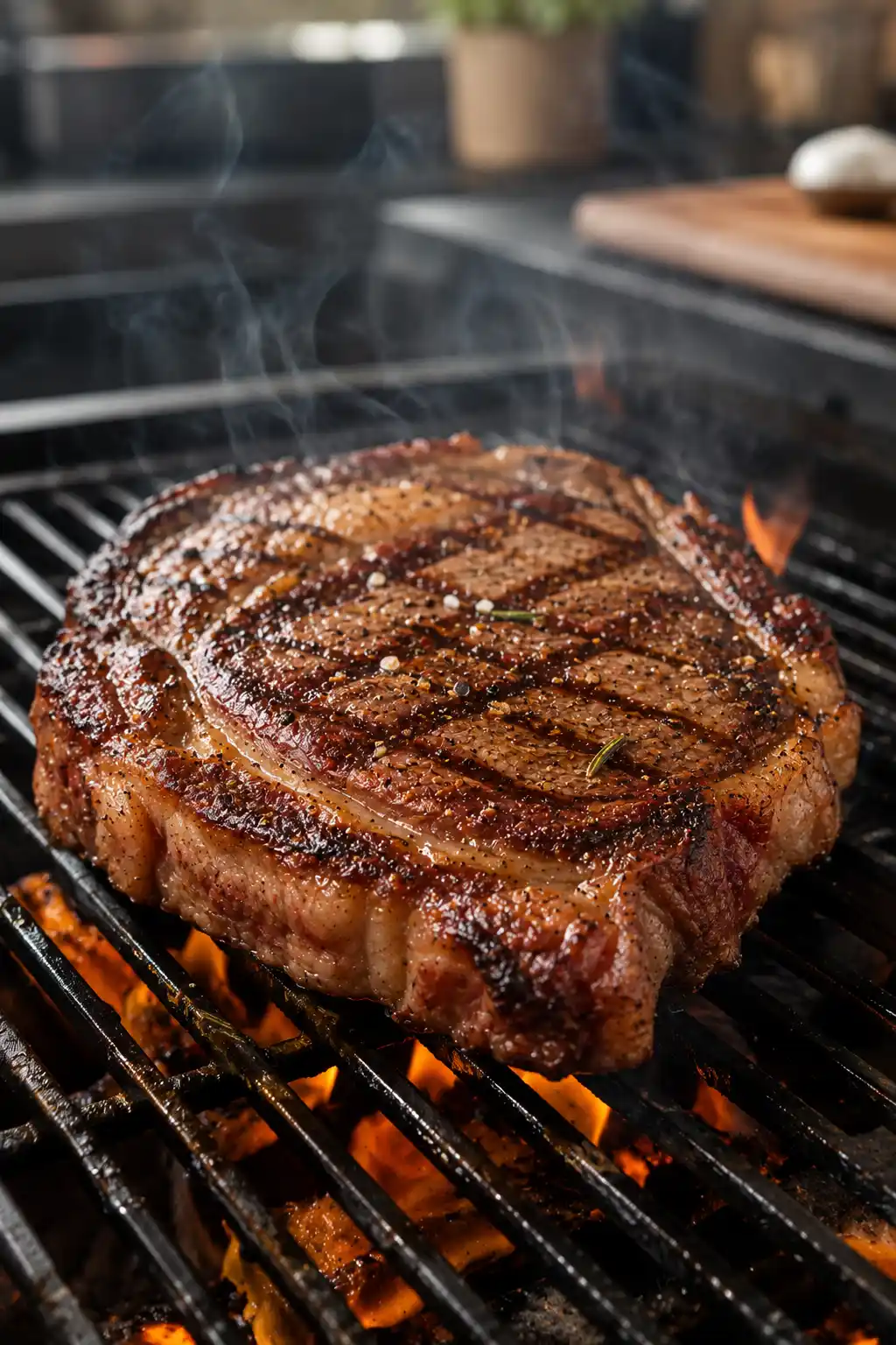 Thick ribeye steak searing on a hot grill with visible grill marks and rising smoke