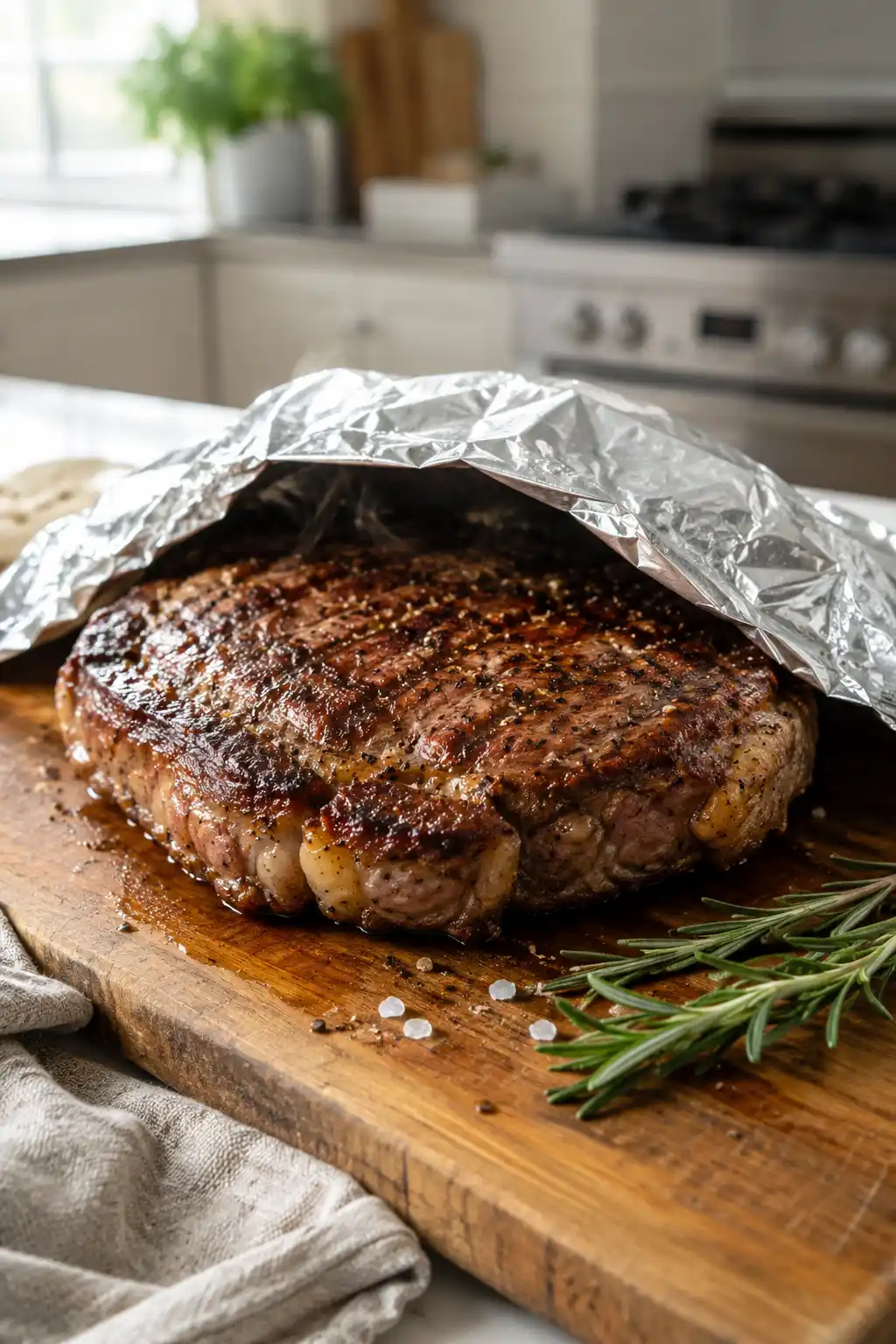 Grilled ribeye steak resting on a cutting board tented with aluminum foil