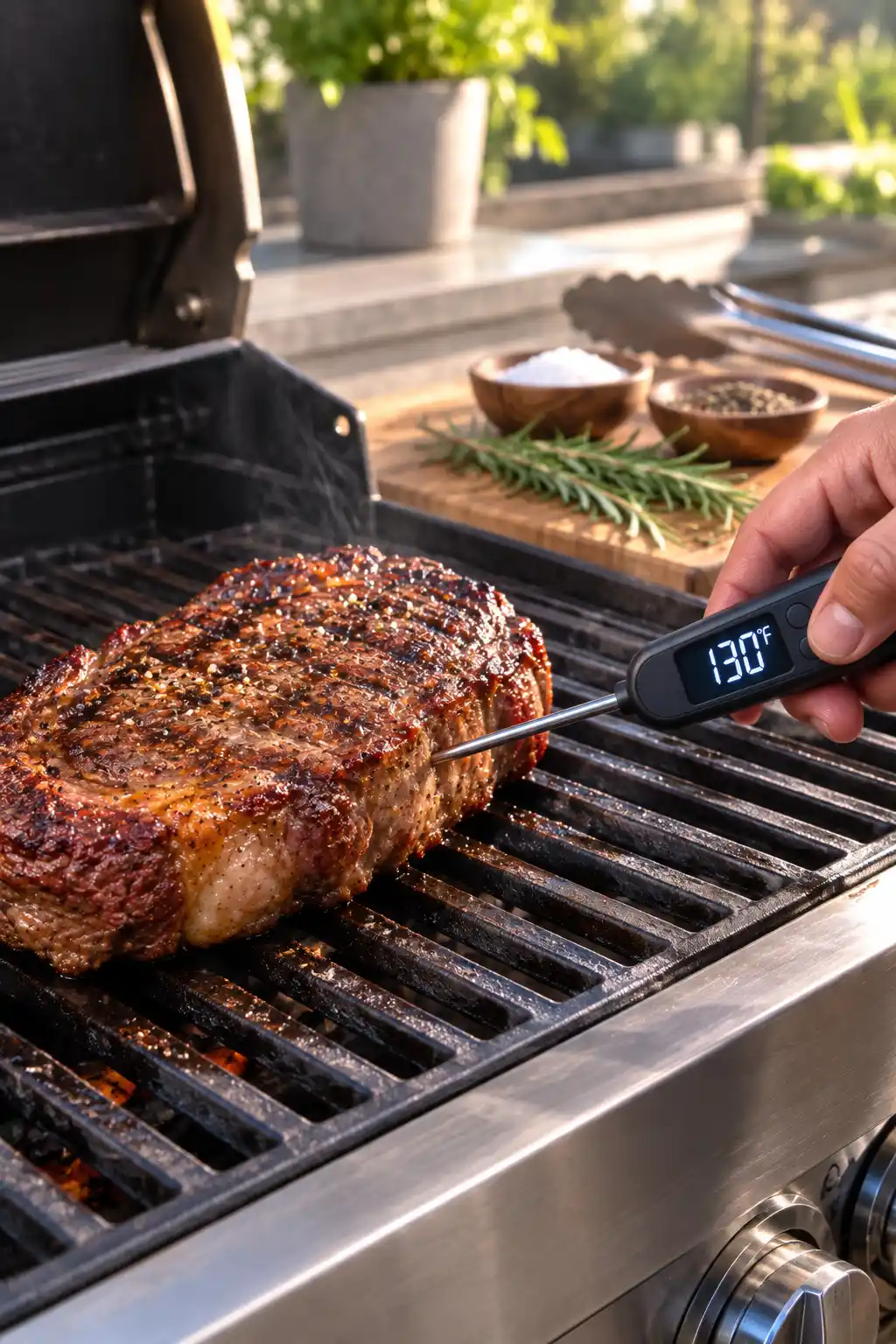 Instant read thermometer checking the internal temperature of a grilled steak